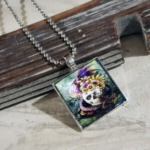 Handcrafted Sugar Skull Square Glass Cabochon Pendant Necklace